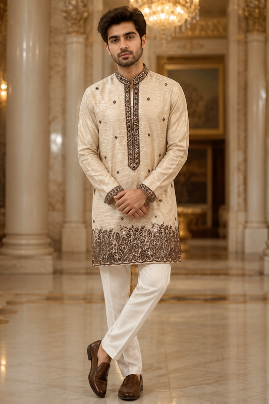 Beige Textured Silk Kurta Set with Brown Paisley Embroidery