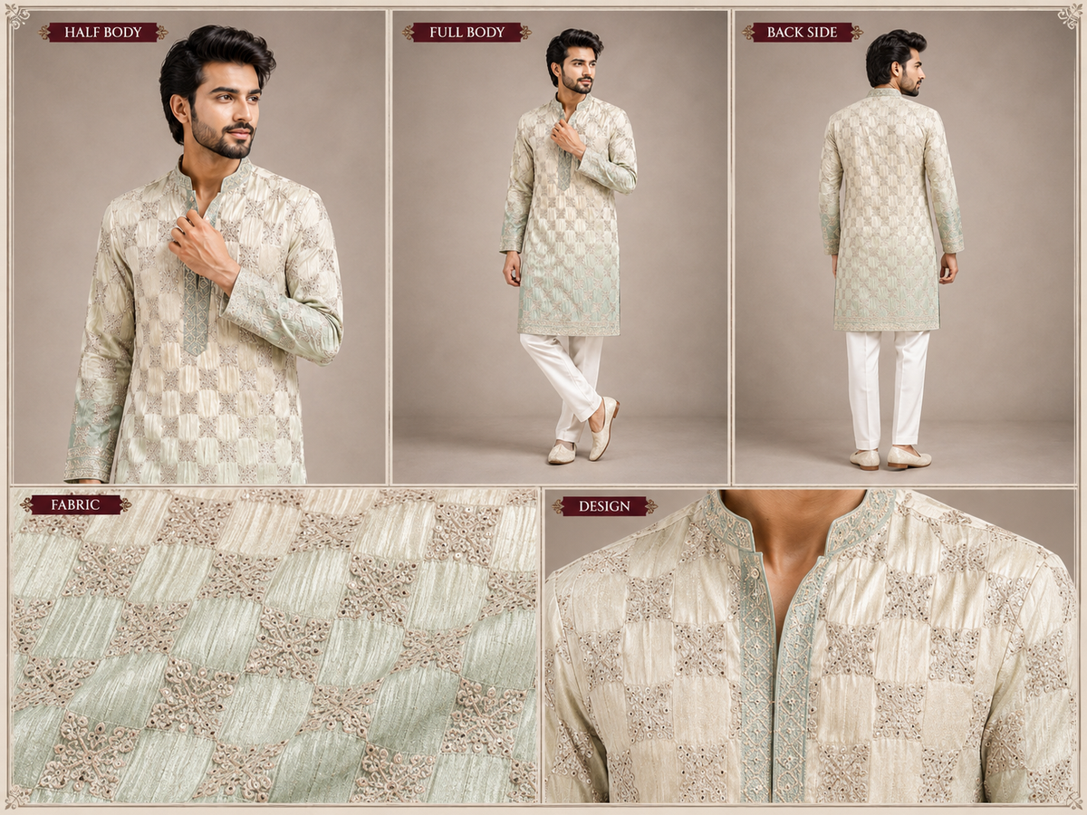 Men’s Ivory & Mint Embroidered Festive Kurta