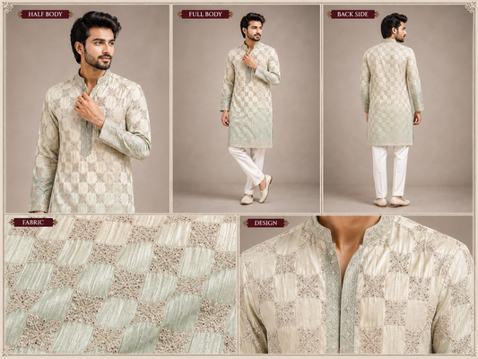 Men’s Ivory & Mint Embroidered Festive Kurta