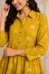 Mustard Yellow Floral Tiered Cotton Kurti