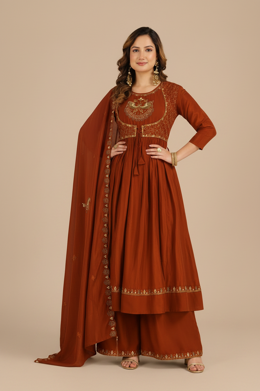 Rust Embroidered Anarkali Suit Set with Dupatta