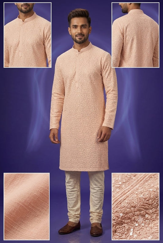 Men’s Peach Embroidered Ethnic Kurta