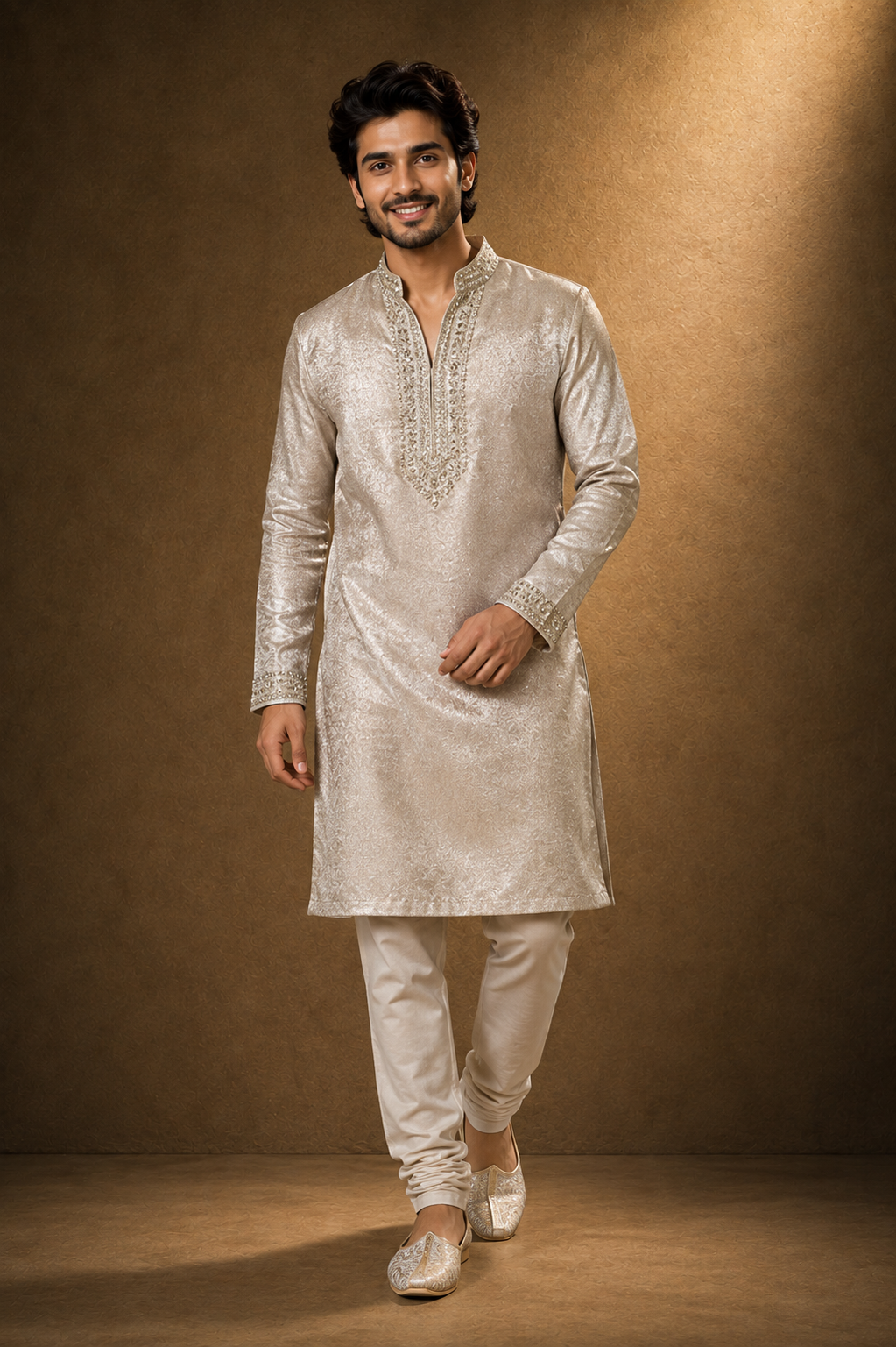 Ivory Gold Embroidered Jacquard Kurta Se
