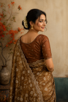 Elegant Coffee Brown Floral Embroidered Organza Saree