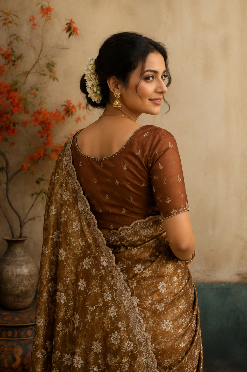 Elegant Coffee Brown Floral Embroidered Organza Saree