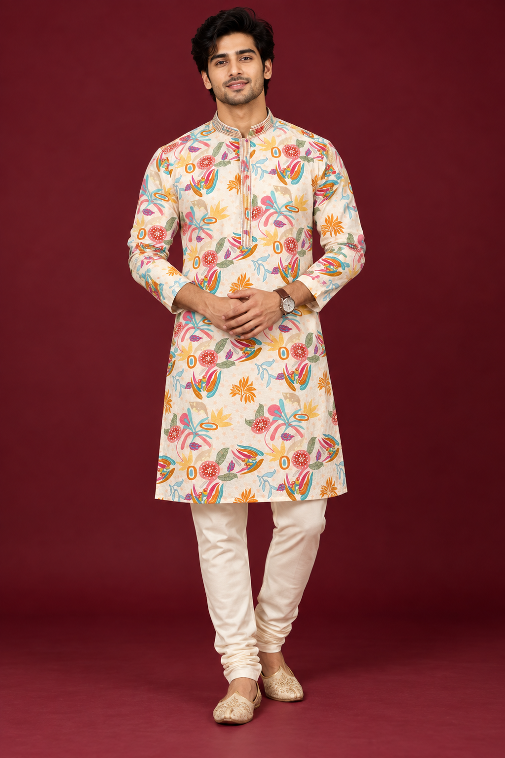 Multicolor Floral Print Cream Kurta Set