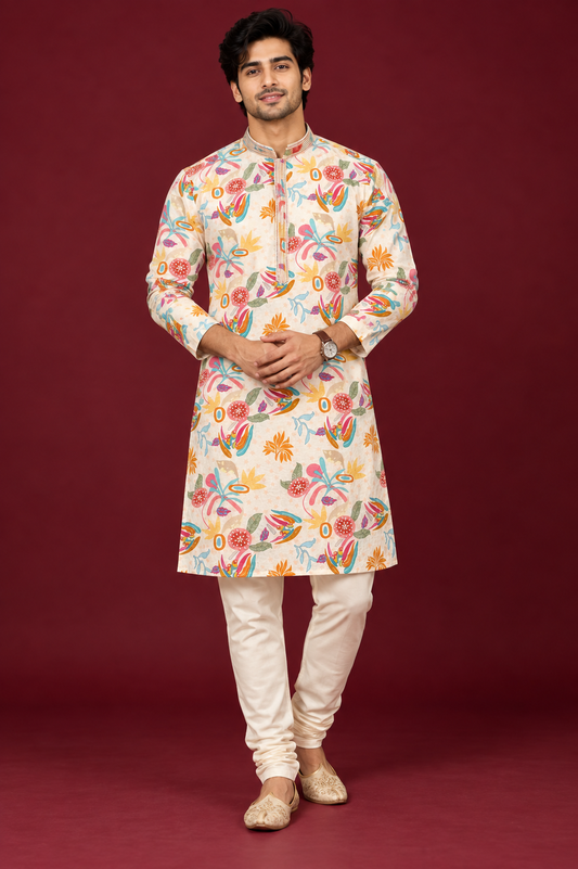 Multicolor Floral Print Cream Kurta Set