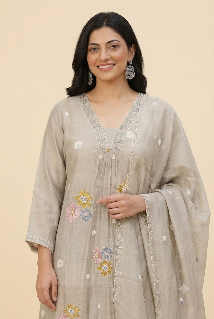 Grey Floral Embroidered Kurta Set with Dupatta