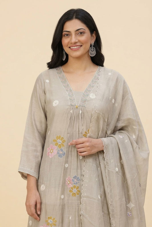 Grey Floral Embroidered Kurta Set with Dupatta