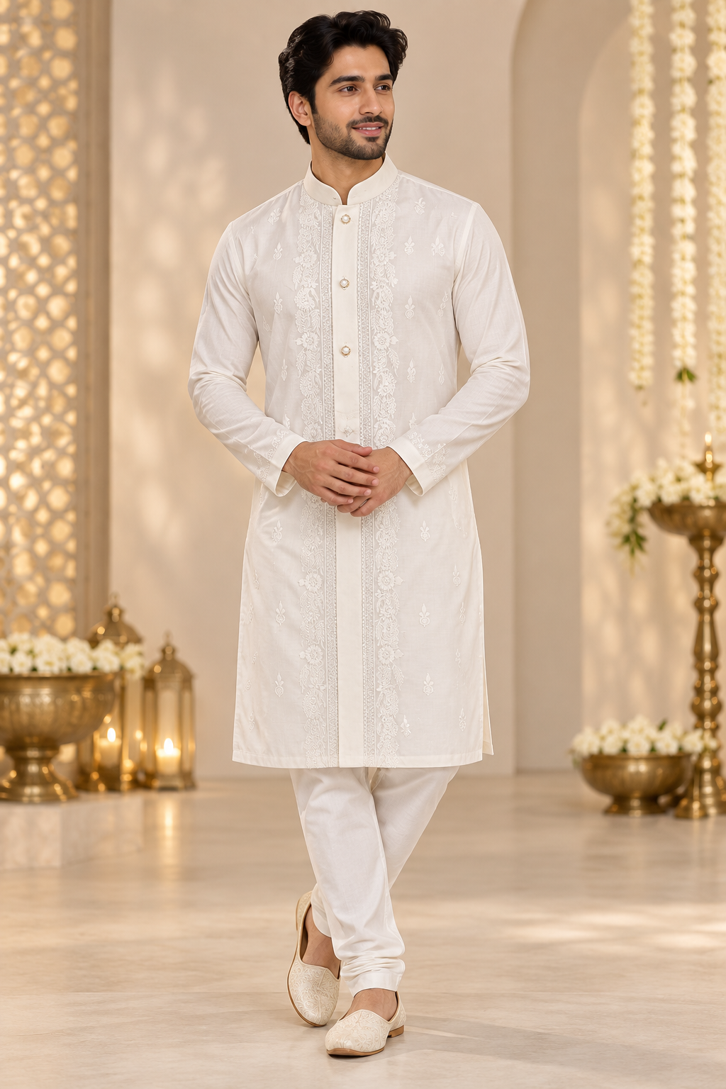 Ivory White Embroidered Festive Kurta