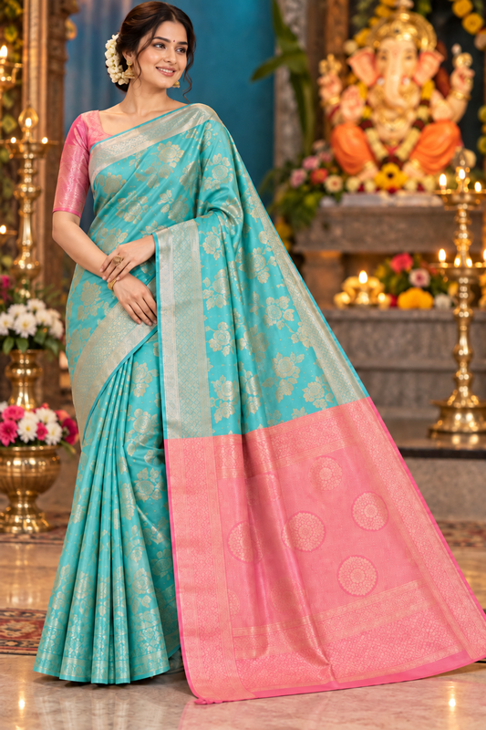 Elegant Turquoise & Pink Jacquard Silk Saree