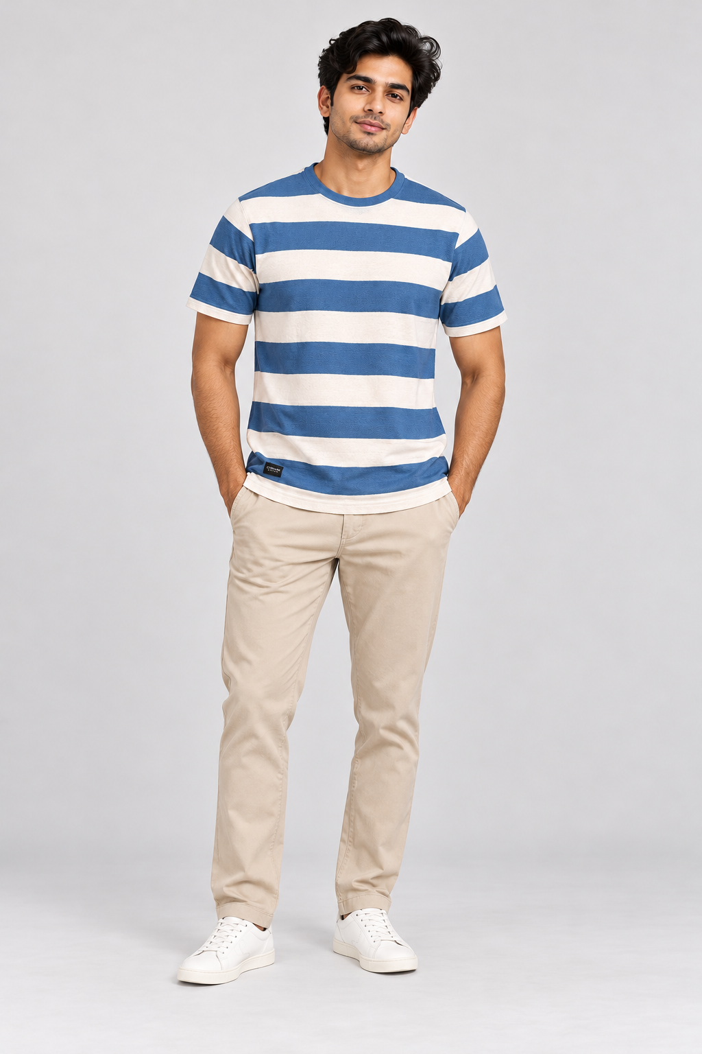 Men's Blue & Off-White Striped Round Neck T-Shirt