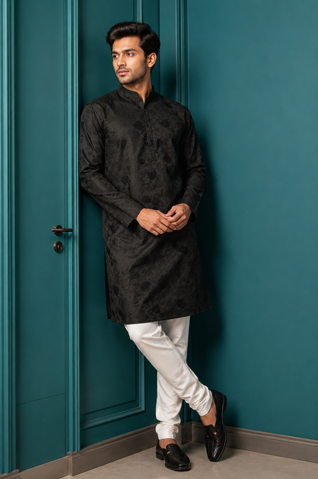 Black Tonal Floral Jacquard Silk Kurta