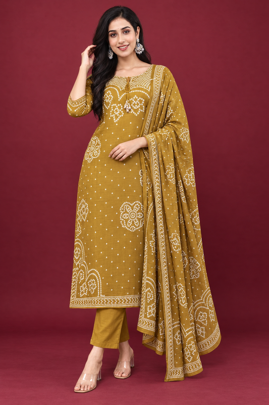 Mustard Bandhani Print Kurta Set with Dupatta