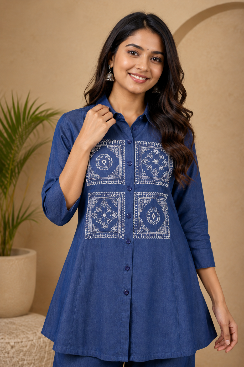 Embroidered Co-Ord Set for Women | Elegant Denim Look Cotton Co-Ord