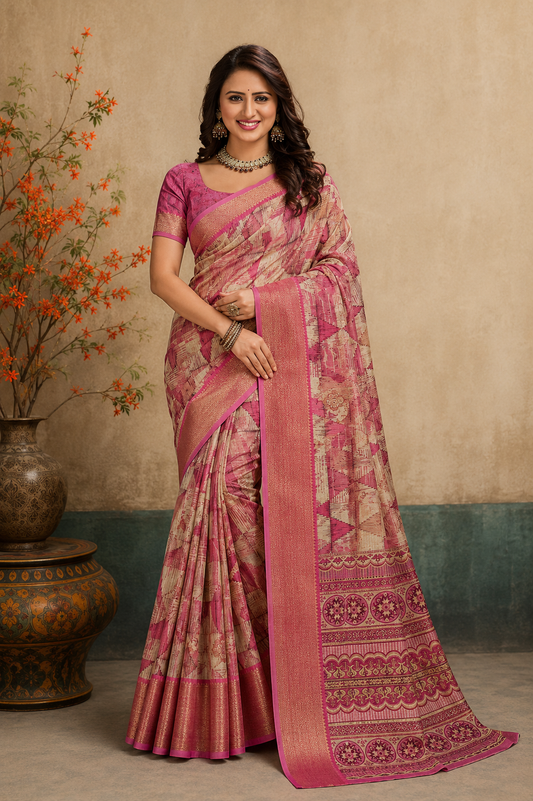 Elegant Pink & Beige Printed  Blend Saree with Rich  Zari Border