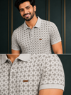 Men's Premium Light Grey Printed Polo T-Shirt | Soft Cotton Blend | Smart Half Sleeve Polo