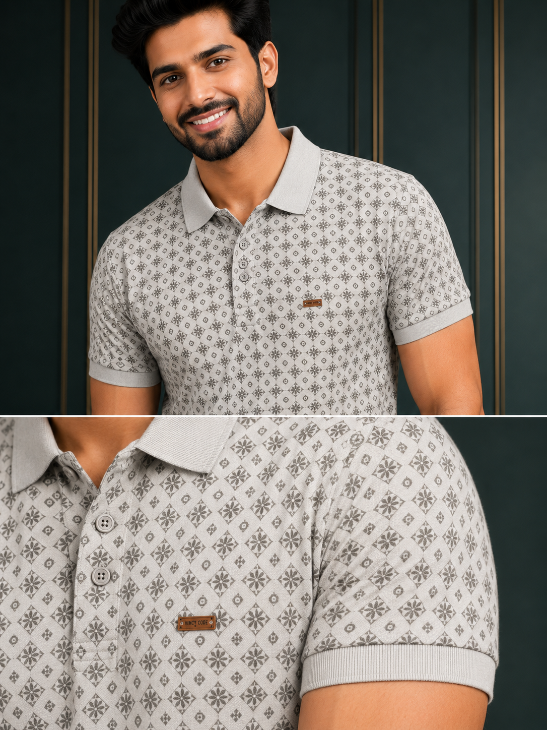 Men's Premium Light Grey Printed Polo T-Shirt | Soft Cotton Blend | Smart Half Sleeve Polo