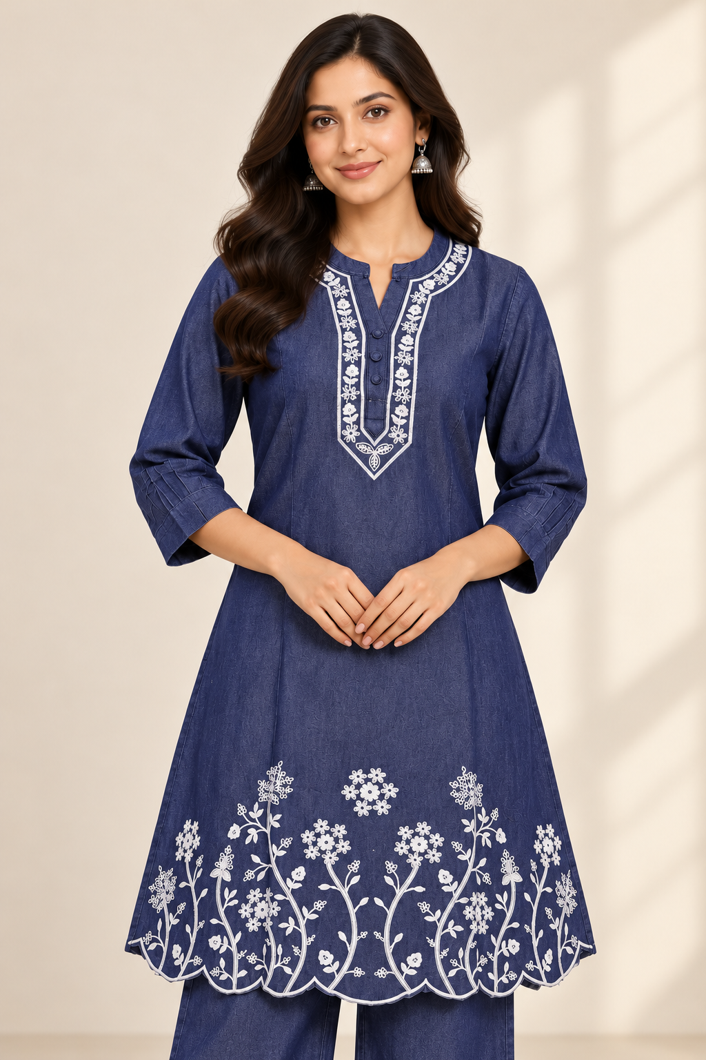 Women's Navy Blue Floral Embroidered Kurta & Palazzo Set