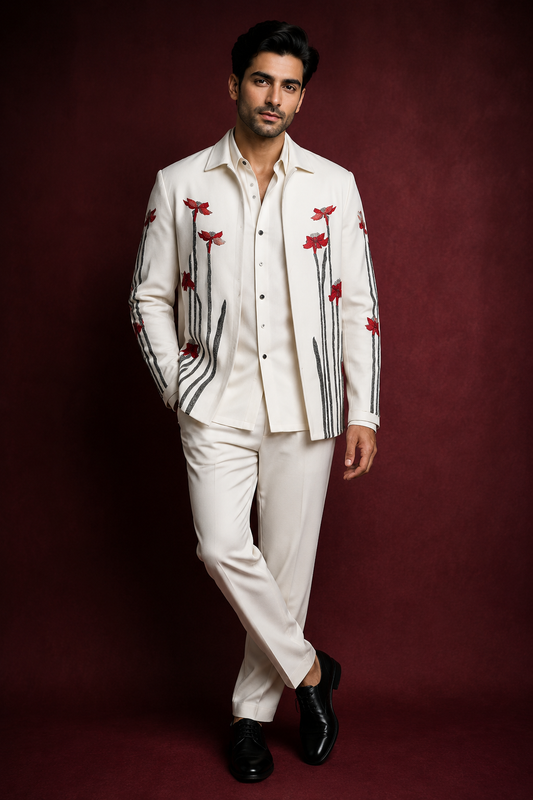 Ivory Floral Embroidered Jacket Set for Men