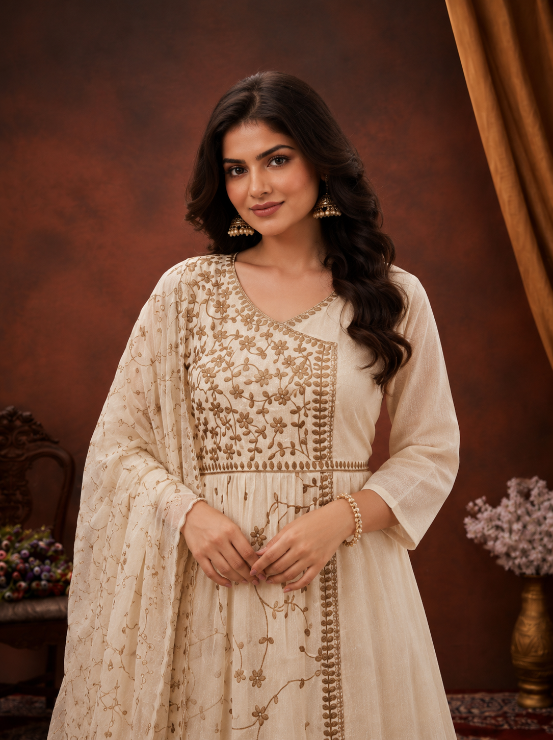 Elegant Cream Embroidered Anarkali Kurta Set with Floral Dupatta | Women's Festive Ethnic Wear