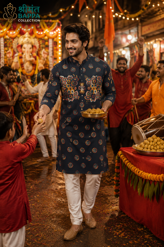 Navy Blue Multicolour Printed Festive Kurta for Men