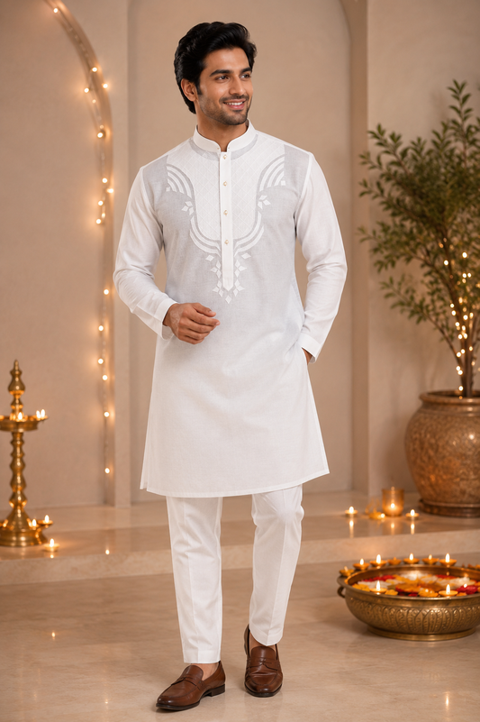 Elegant White Embroidered Kurta Pajama for Men