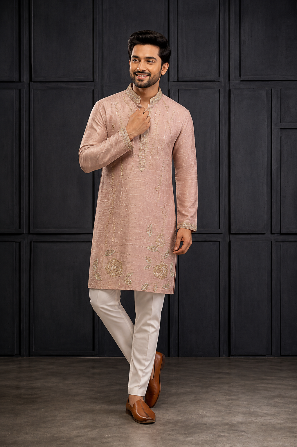 Blush Pink Floral Embroidered Men’s Festive Kurta
