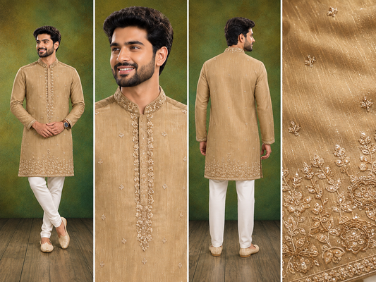 Antique Gold Embroidered Festive Kurta Set for Men