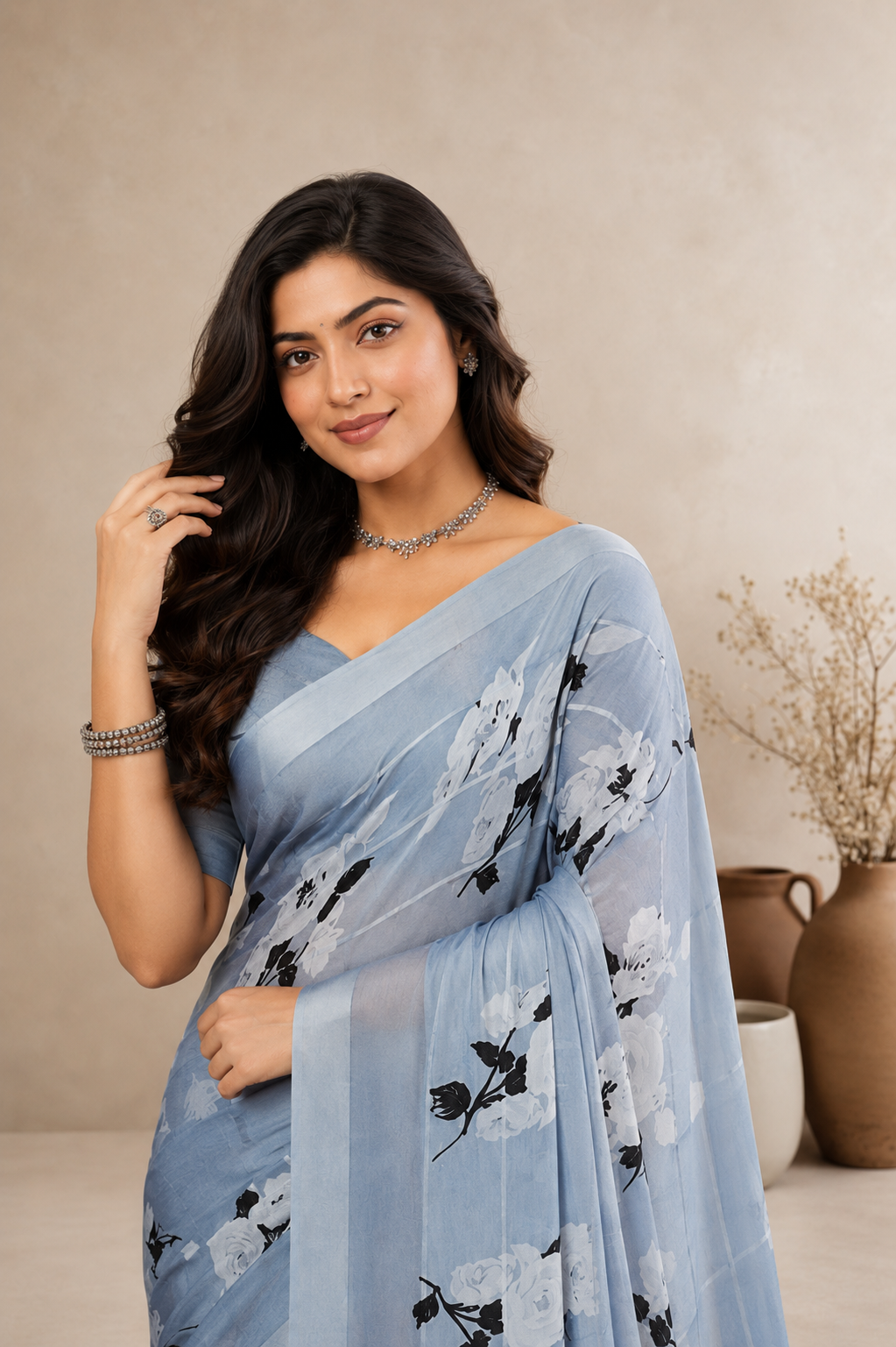 Sky Blue Floral Printed Georgette Saree with Elegant Designer Blouse