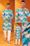 Teal & Coral Printed Men’s Festive Kurta Set