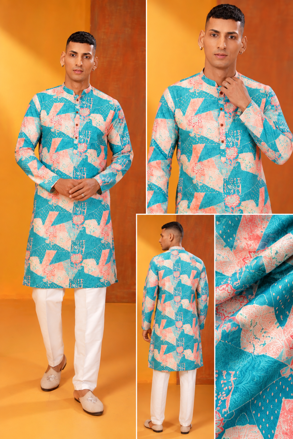 Teal & Coral Printed Men’s Festive Kurta Set