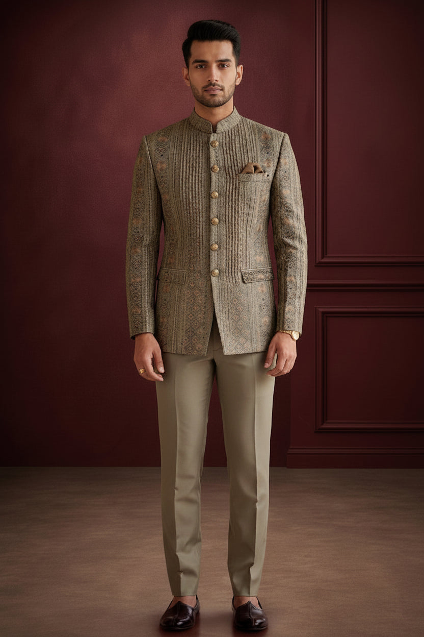 Men’s Grey Embroidered Jodhpuri Suit Set