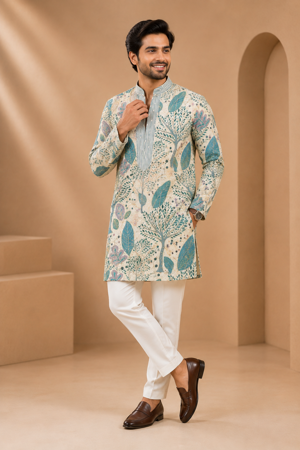 Ivory Botanical Print Men’s Festive Kurta Set