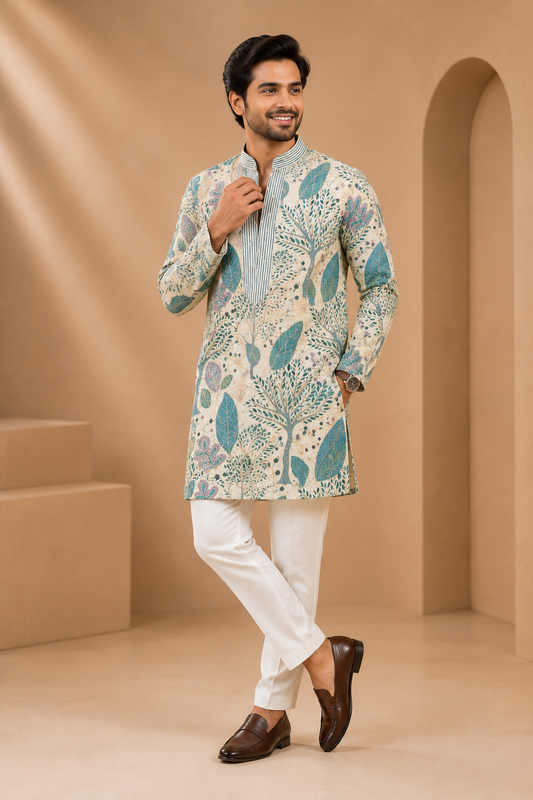 Ivory Botanical Print Men’s Festive Kurta Set