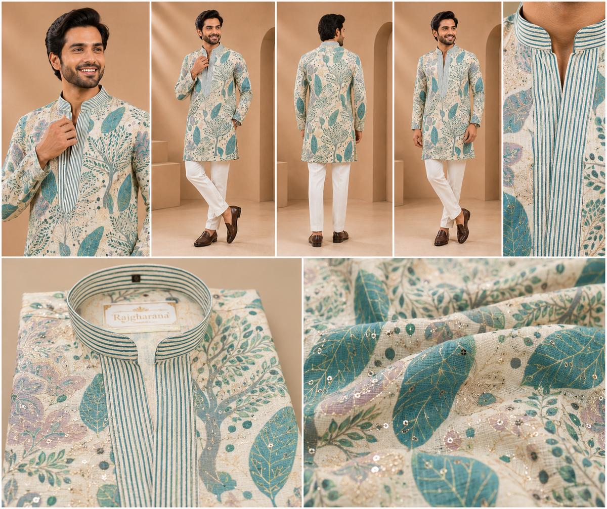 Ivory Botanical Print Men’s Festive Kurta Set