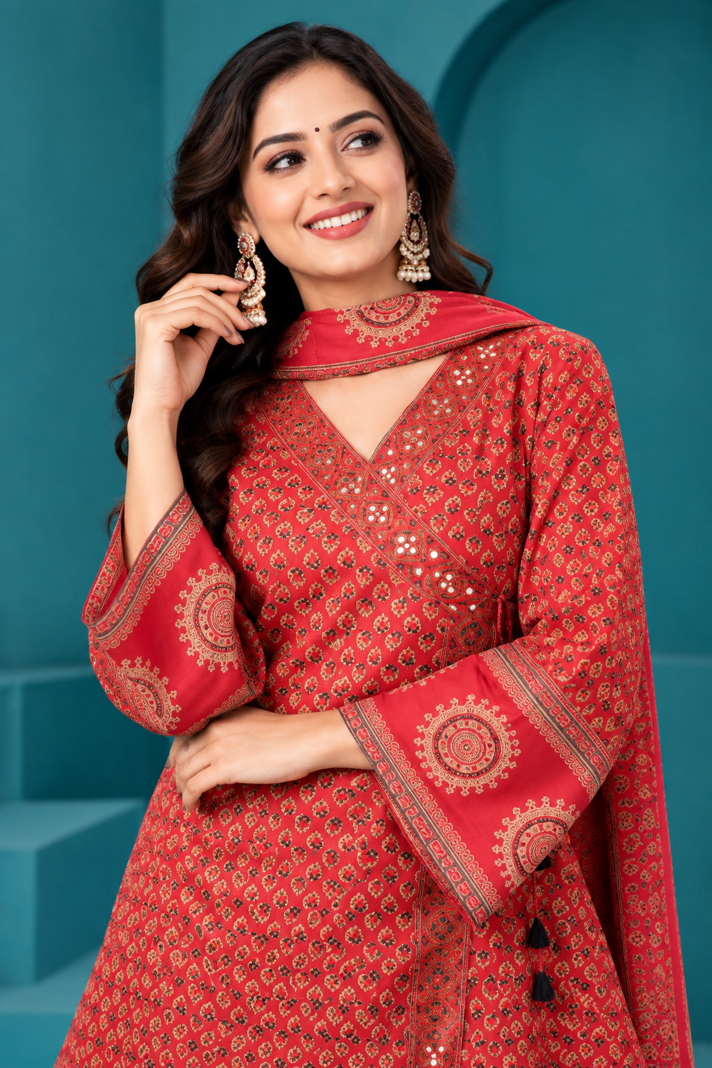 Elegant Red Printed Co-ord Set with Dupatta