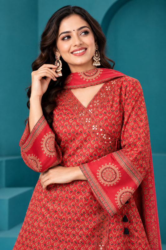 Elegant Red Printed Co-ord Set with Dupatta