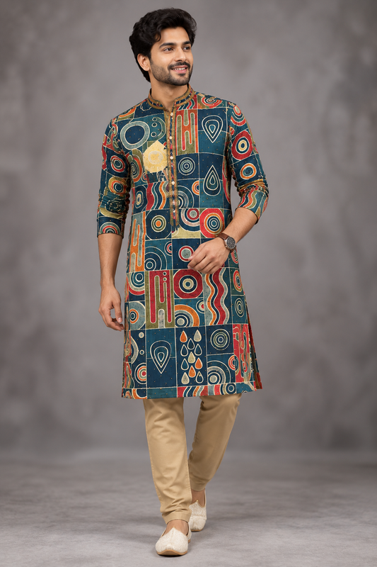 Men's Multicolor Geometric Printed Kurta Set