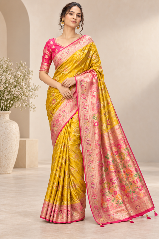 Mustard Gold Floral Banarasi Silk Saree