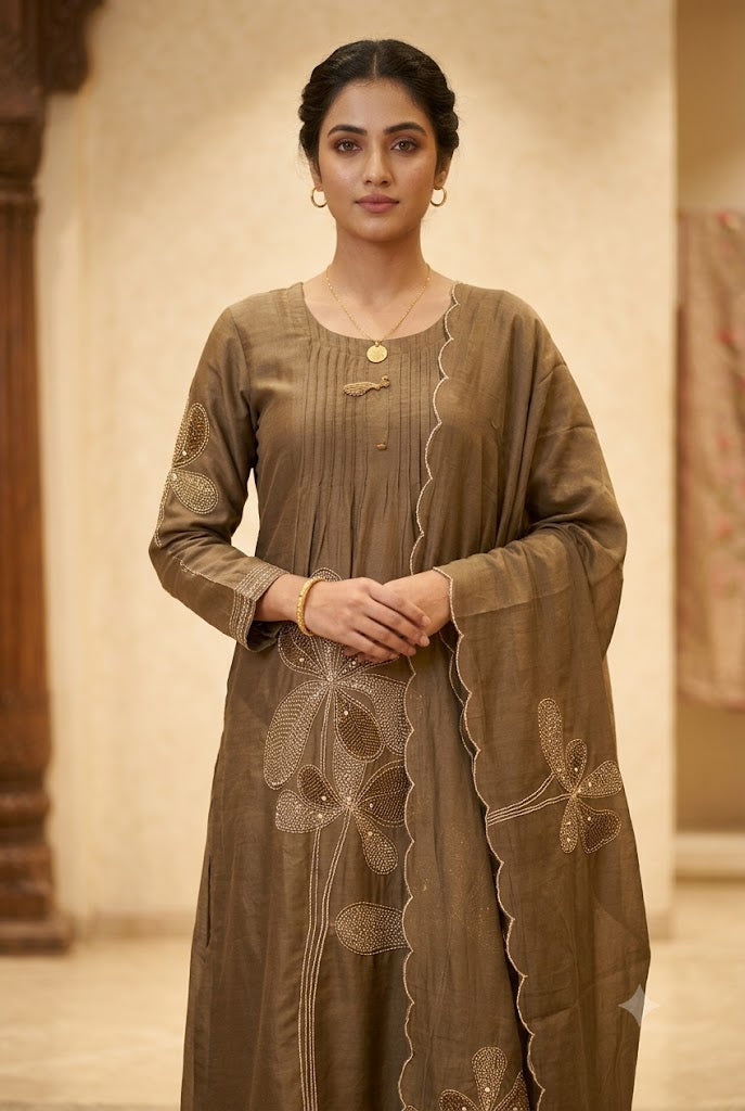 Elegant Brown Embroidered Kurta Pant Dupatta Set