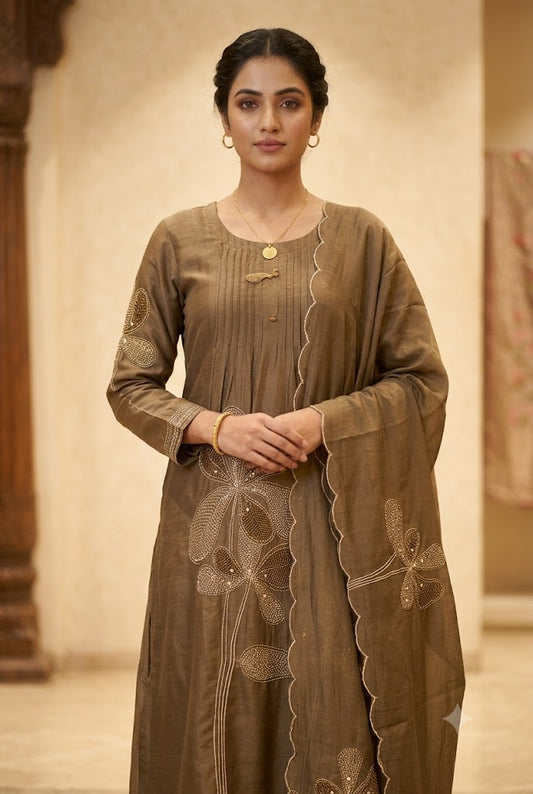 Elegant Brown Embroidered Kurta Pant Dupatta Set