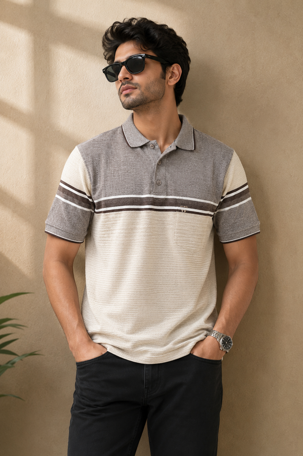 Classic Grey & Cream Striped Polo T-Shirt for Men