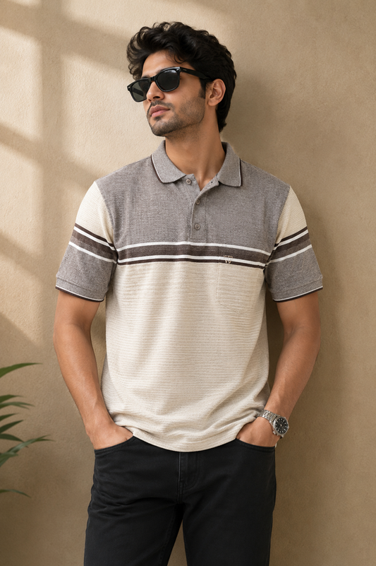 Classic Grey & Cream Striped Polo T-Shirt for Men