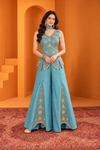 Elegant Aqua Blue Embroidered Indo-Western Sharara Set