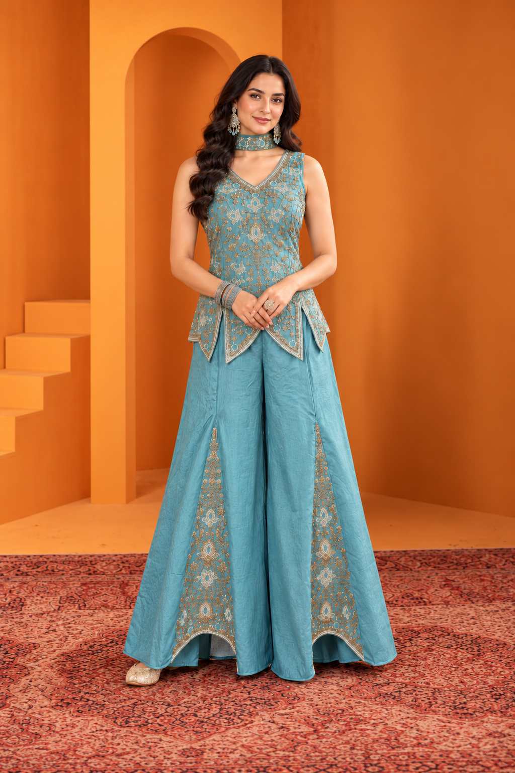 Elegant Aqua Blue Embroidered Indo-Western Sharara Set