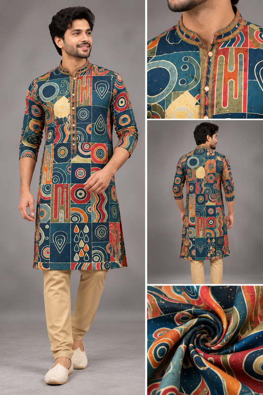 Men's Multicolor Geometric Printed Kurta Set