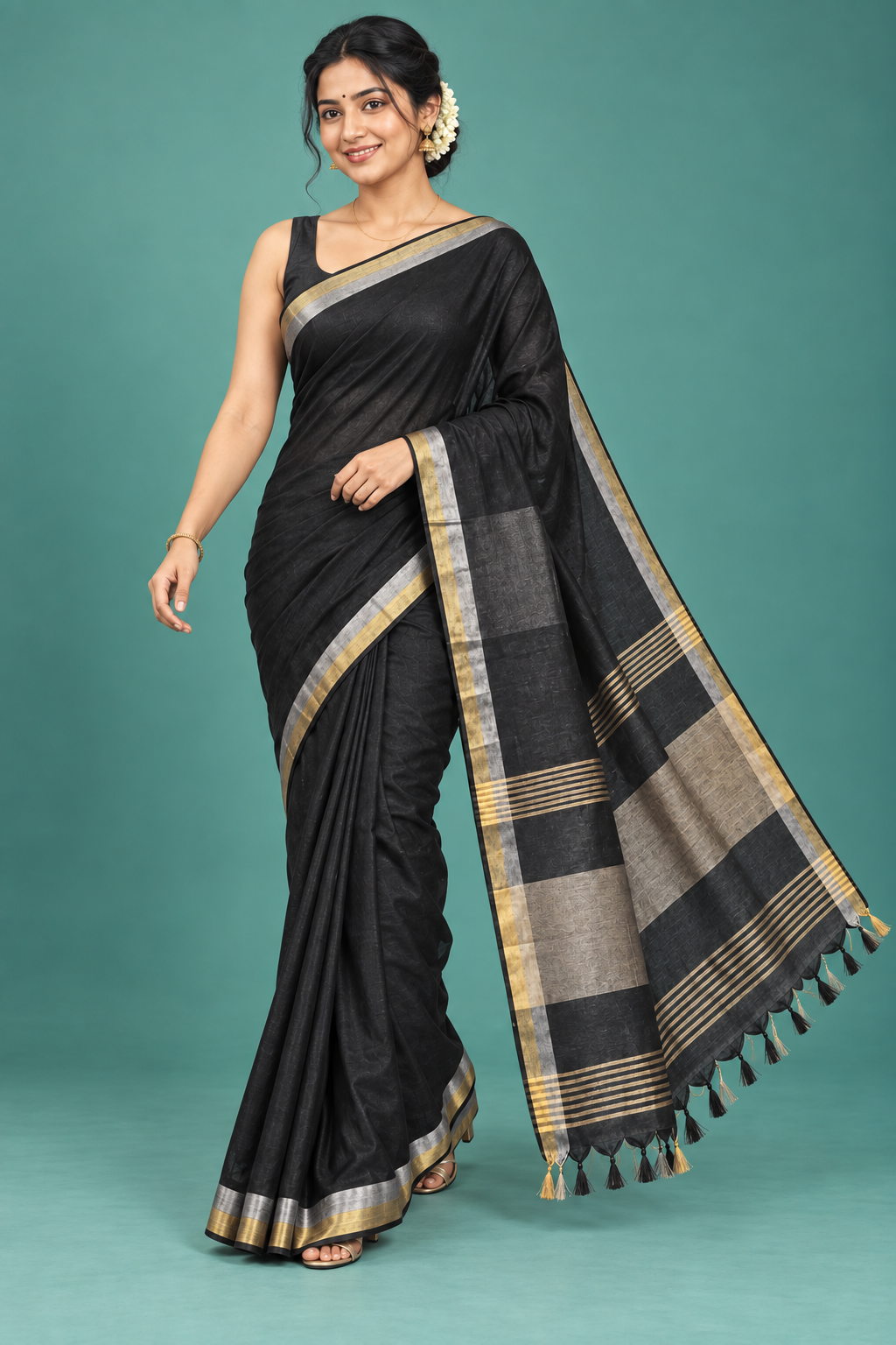 Classic Black Handloom Saree with Dual-Tone Border