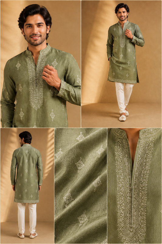Olive Green Embroidered Men’s Festive Kurta Set