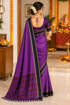 Royal Purple Saree with Navy Blue Border & Striped Pallu